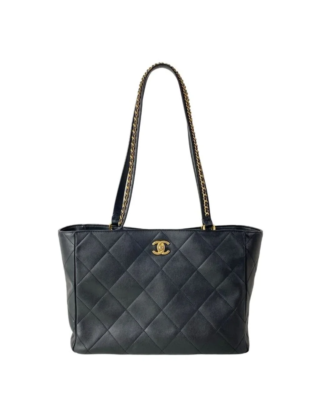 Chanel Tote Quilted Black Metal Vintage Gold